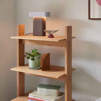 A wooden shelf styled with the Hübsch Sleek Table Lamp by Hübsch (with dimmable function), a small bowl, potted succulent, curved bookend, books, and a rectangular container enhances this modern minimalistic look.