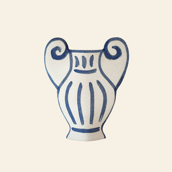 Illustration of the INI CERAMIQUE Krater N°1 Ceramic Vase, a white, two-handled piece inspired by Greek pottery with dark blue line and swirl details on the handles, set against a plain light beige background for a modern look.