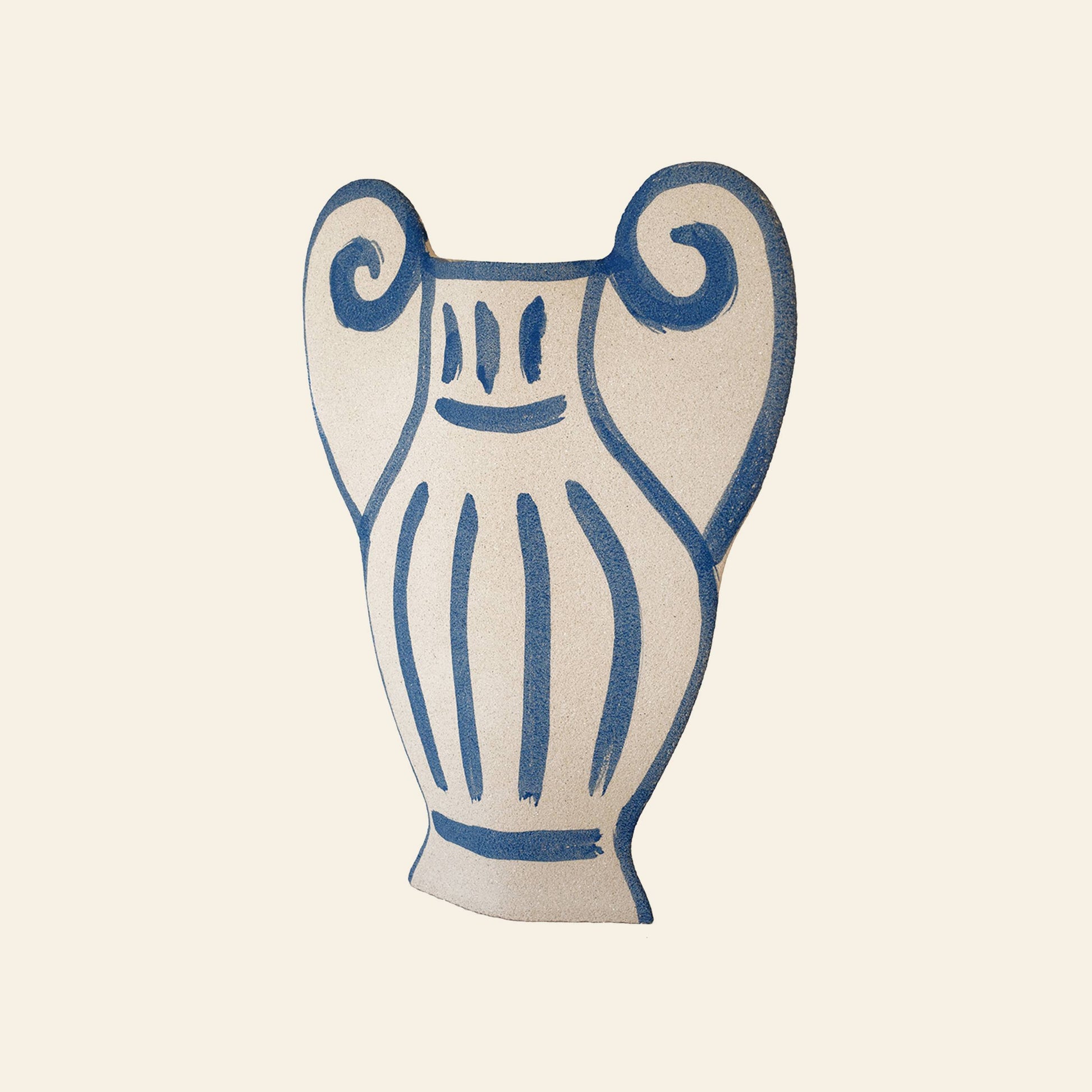 The INI CERAMIQUE Krater N°1 Ceramic Vase by INI CERAMIQUE features two handles, bold blue lines, and swirling patterns on a light beige background, merging Greek pottery style with contemporary design.