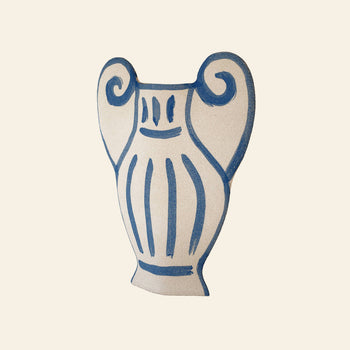 The INI CERAMIQUE Krater N°1 Ceramic Vase by INI CERAMIQUE features two handles, bold blue lines, and swirling patterns on a light beige background, merging Greek pottery style with contemporary design.