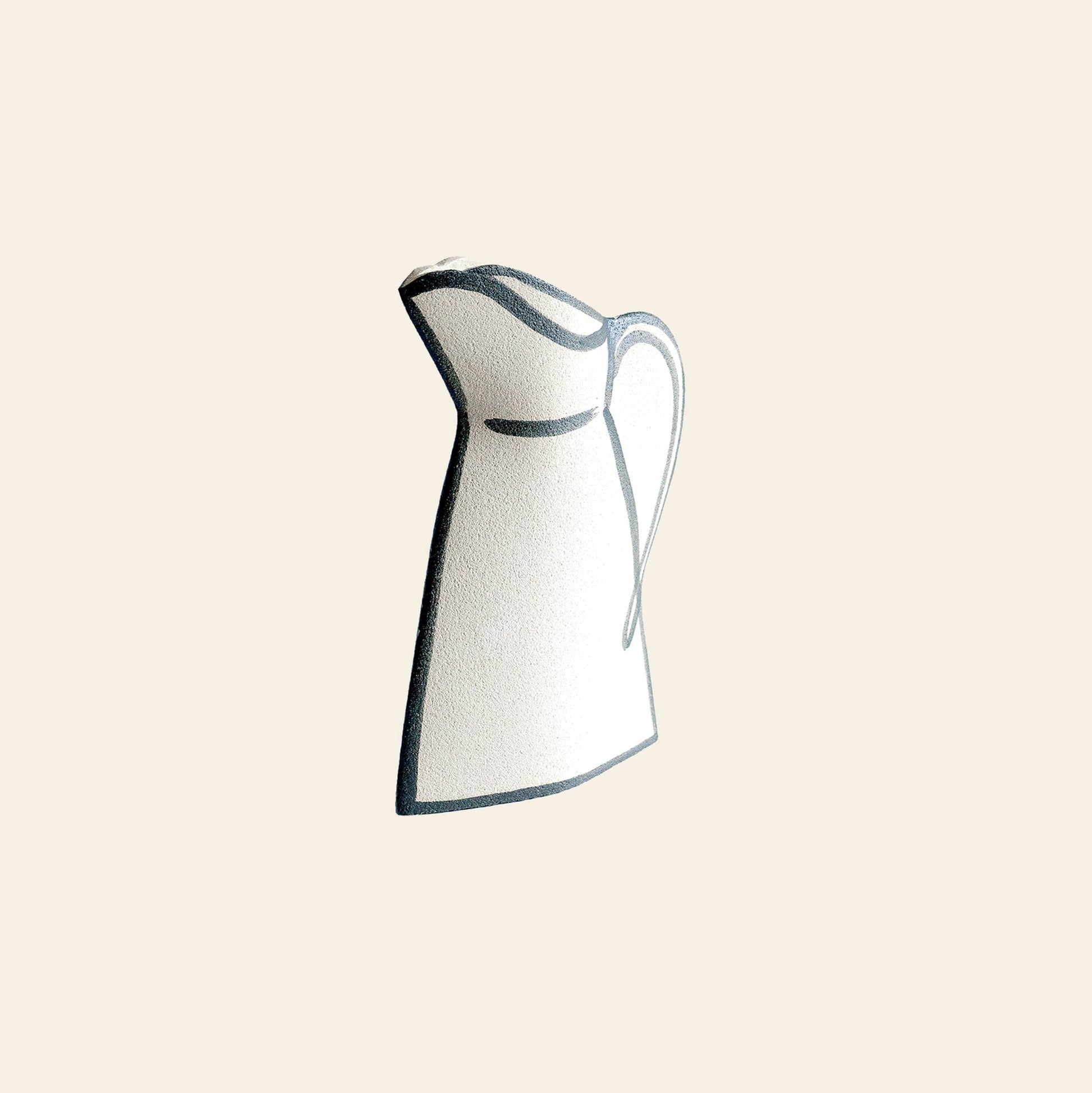 A minimalist illustration of the INI CERAMIQUE Morandi Pitcher Ceramic Vase highlights artisanal craftsmanship with black outlines on a white ceramic form, set against a light beige background.