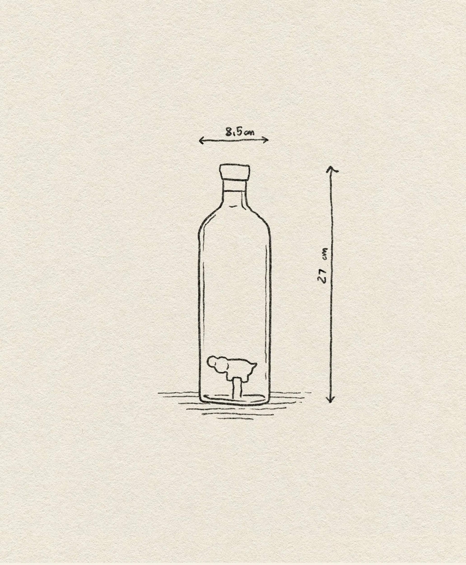 A simple line drawing of the Ichendorf Milano Animal Farm Bottle—a unique glass bottle by Ichendorf Milano, 27 cm tall and 8.5 cm wide, featuring a tree and bush inside with labeled dimensions on a plain background.