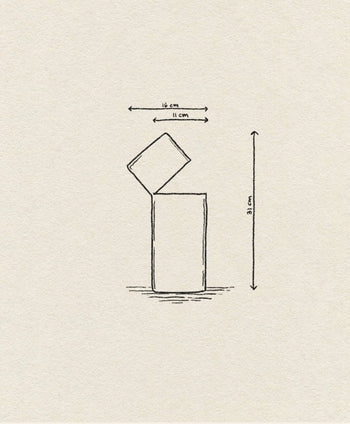 A minimalist sketch of the Ichendorf Milano Attesa Flower Vase, Medium by Ichendorf Milano shows a handcrafted design with a height of 21 cm, lid width of 11 cm, and open width of 16 cm on a textured background.