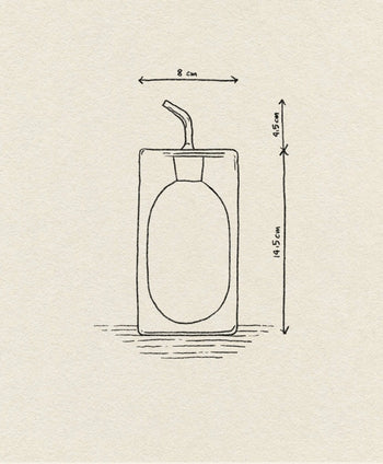 A hand-drawn sketch of the Ichendorf Milano Cilindro Oil Bottle shows a stylish rectangular bottle with a pump (8 cm wide, 18.5 cm tall, 4.5 cm pump), featuring an oval front label—a chic addition to any kitchen by Ichendorf Milano.