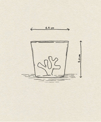 A line drawing of the Ichendorf Milano Coral Reef Tumbler by Ichendorf Milano shows its 8.5 cm width and 8.0 cm height, featuring a coral-shaped design that evokes underwater beauty.