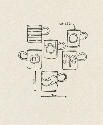 A black-and-white sketch displays the Ichendorf Milano Deco Coffee Cups, Set of 6, each with a unique pattern. One cup is labeled 7 cm wide and 8 cm tall. “Set of 6” is hand-written on textured beige paper. Brand: Ichendorf Milano.