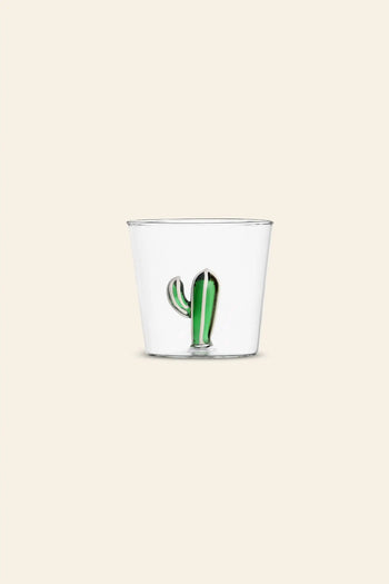 The Ichendorf Milano Desert Plants Tumbler is a handcrafted glassware cup by Ichendorf Milano, featuring a small cactus motif at the base. It belongs to the unique Desert Plants collection.