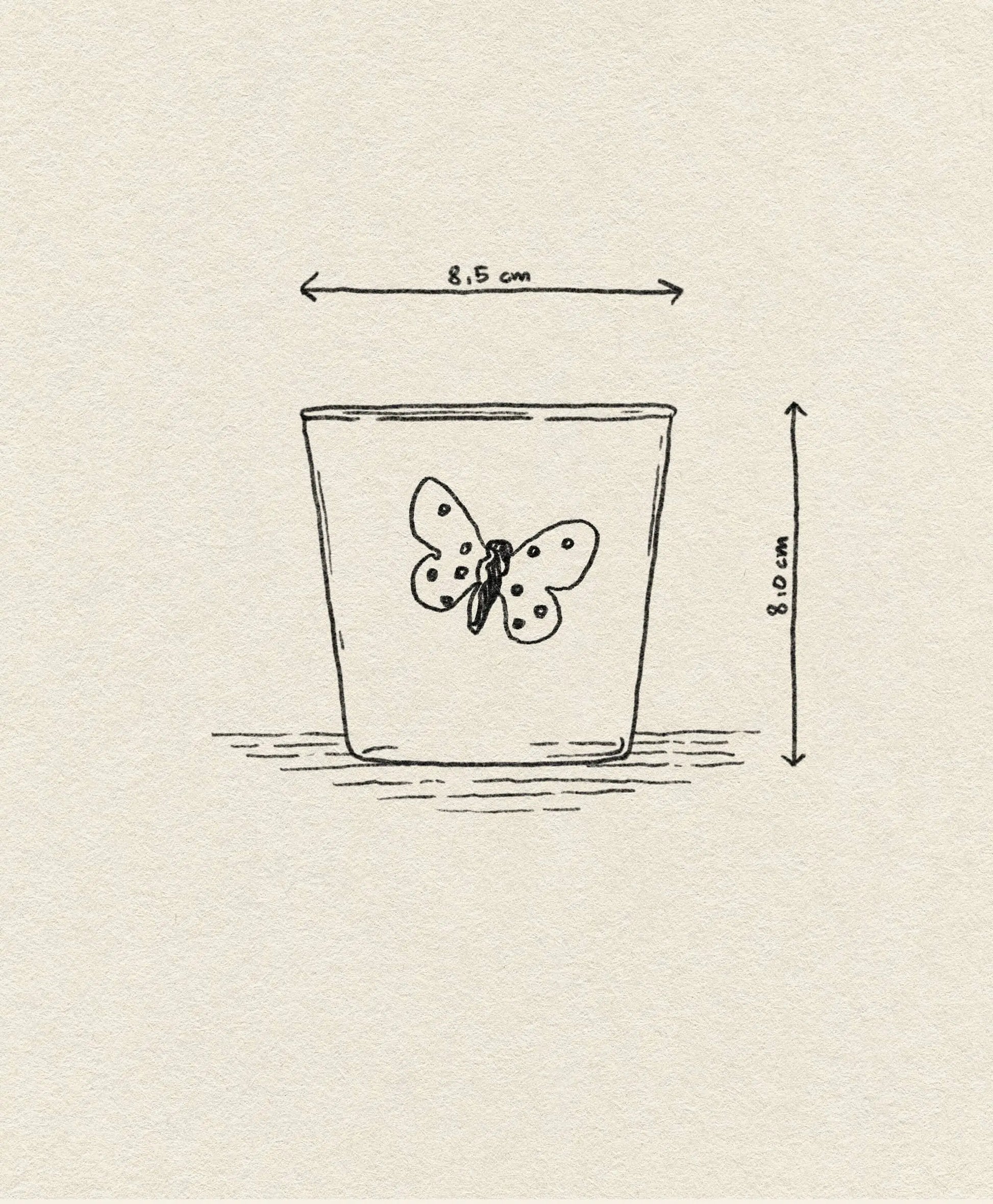 A simple sketch of the Ichendorf Milano Garden Picnic Tumbler by Ichendorf Milano, showing butterfly motifs on textured paper. Arrows and labels mark its 8.5 cm width and 8 cm height, evoking a whimsical garden vibe.