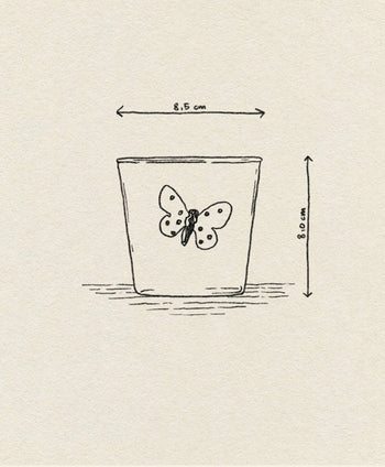 A simple sketch of the Ichendorf Milano Garden Picnic Tumbler by Ichendorf Milano, showing butterfly motifs on textured paper. Arrows and labels mark its 8.5 cm width and 8 cm height, evoking a whimsical garden vibe.