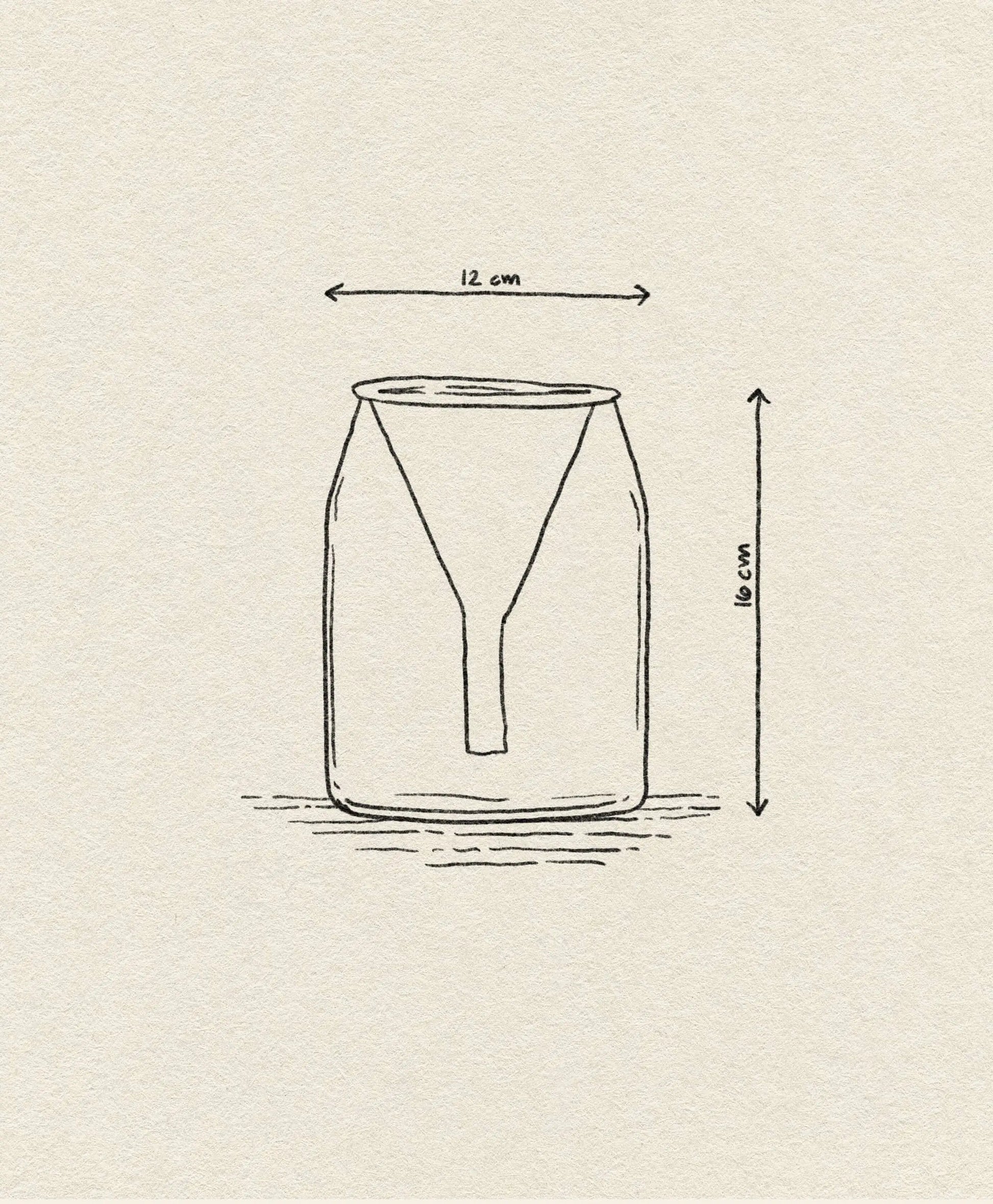 The Ichendorf Milano Kado Single Flower Vase (16cm) by Ichendorf Milano is hand-drawn on textured off-white paper, with measurement arrows showing its 16cm height and 12cm width and a Y-shaped object inside, evoking classic hand-flamed glass vases.