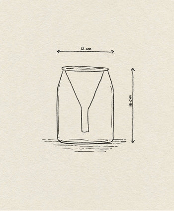 The Ichendorf Milano Kado Single Flower Vase (16cm) by Ichendorf Milano is hand-drawn on textured off-white paper, with measurement arrows showing its 16cm height and 12cm width and a Y-shaped object inside, evoking classic hand-flamed glass vases.