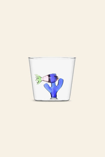 The Ichendorf Milano Marine Garden Tumbler features whimsical colored glass fish and coral decorations, adding aquatic charm to clear glass—an elegant piece from Ichendorf Milano.