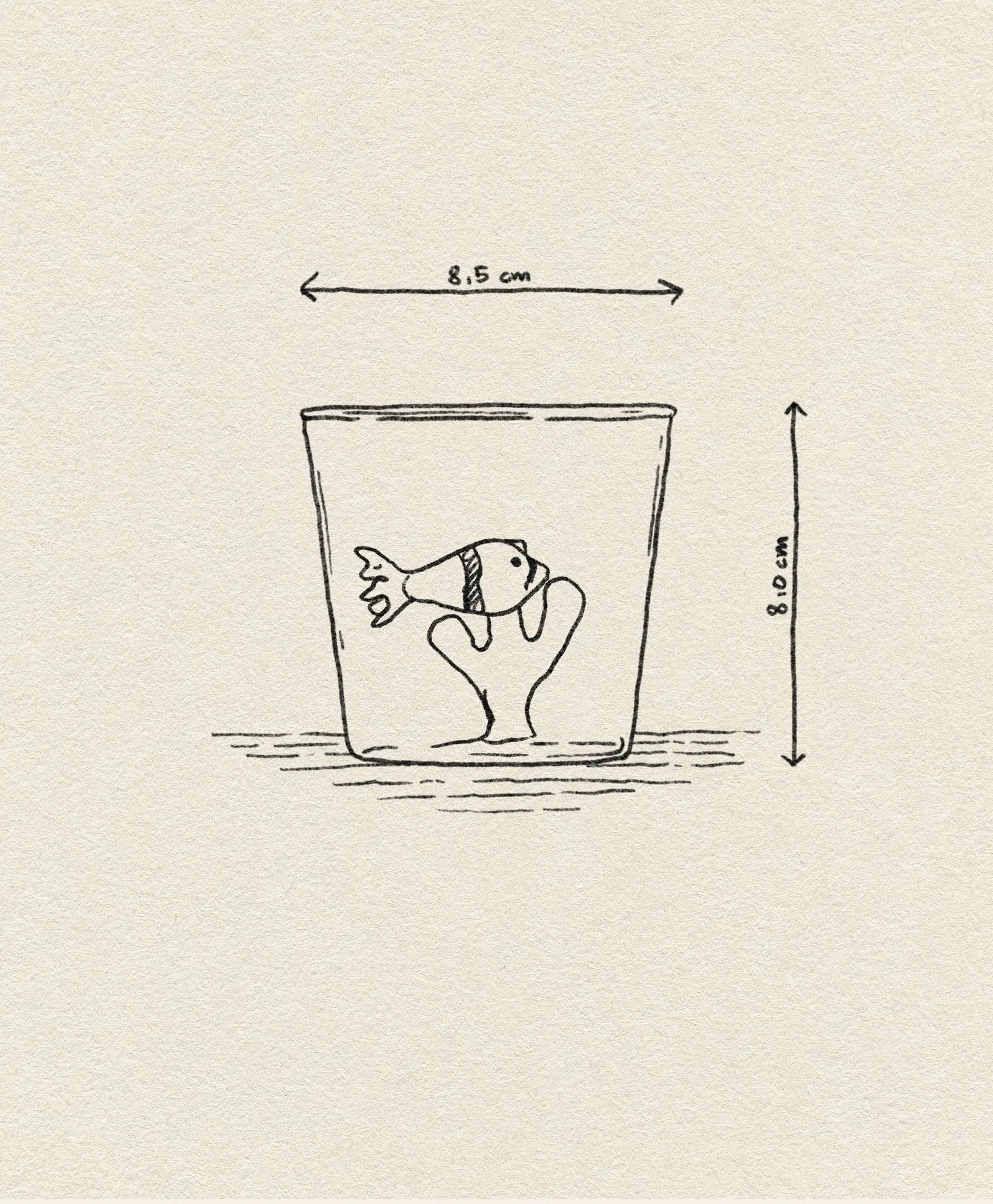 A sketch of the Ichendorf Milano Marine Garden Tumbler (8.5 cm wide, 8.0 cm tall) shows water and a small fish held above the surface by a hand from within, capturing the delicate aquatic beauty of Ichendorf Milano design.