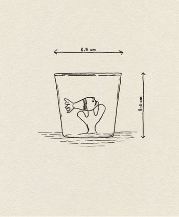A sketch of the Ichendorf Milano Marine Garden Tumbler (8.5 cm wide, 8.0 cm tall) shows water and a small fish held above the surface by a hand from within, capturing the delicate aquatic beauty of Ichendorf Milano design.