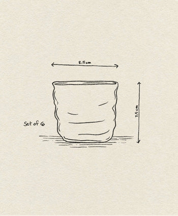 A simple line drawing of Ichendorf Milano Poseidon Tumblers with wavy shapes. Each glass measures 8.5 cm wide and 7.5 cm tall. Text reads Ichendorf Milano Poseidon Tumbler, Set of 6. Background: textured off-white paper.