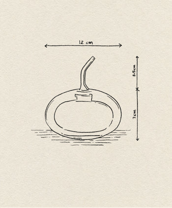 A hand-drawn sketch of the Ichendorf Milano Sfera Doublewalled Olive Oil Bottle by Ichendorf Milano shows its spherical glass design, short neck, curved spout, and detailed measurements marked with arrows and text.