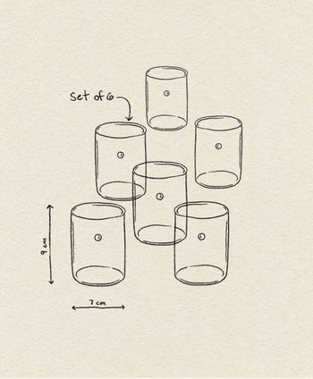 A simple line drawing shows six Ichendorf Milano Soleils Tumblers in two rows, each with a dot label. Dimensions are marked: 9 cm tall, 7 cm wide. Set of 6 is handwritten above the top glass. Brand: Ichendorf Milano.
