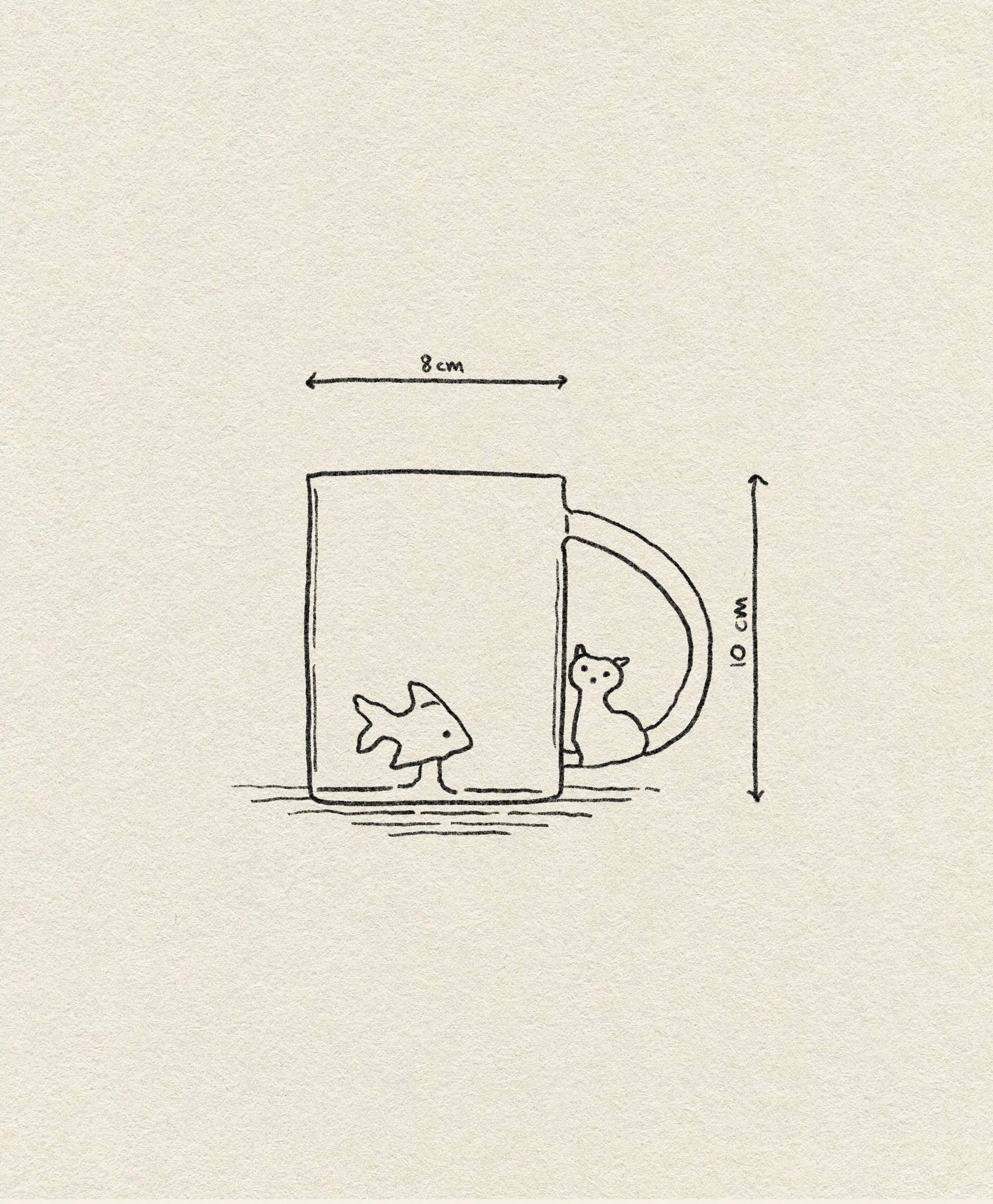A minimalist line drawing of the Ichendorf Milano Tabby Cat Mug by Ichendorf Milano, featuring a cat figurine in the handle and a fish in the cup. The 8 cm wide, 10 cm tall mug is shown on a plain beige background.
