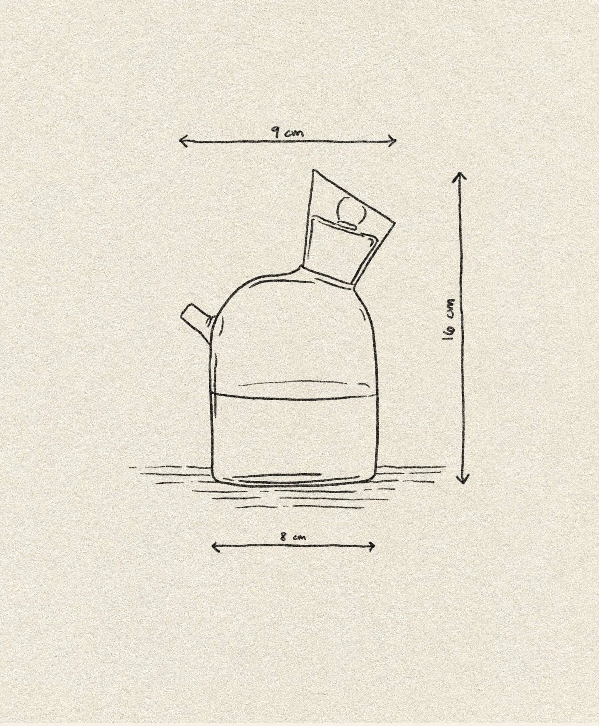 A hand-drawn sketch of the Ichendorf Milano Travasi Oil Bottle shows its spout and tilted neck. Geometric design measurements—16 cm tall, 9 cm wide at the top, 8 cm at the base—are marked by arrows on textured paper.