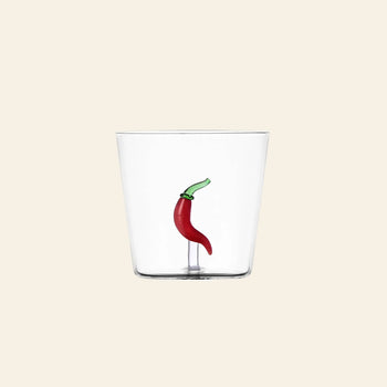 The Ichendorf Milano Vegetables Tumbler by Ichendorf Milano features a hand-blown glass design with a sculpted red chili pepper and green stem inside—an eye-catching piece for any vegetables collection.
