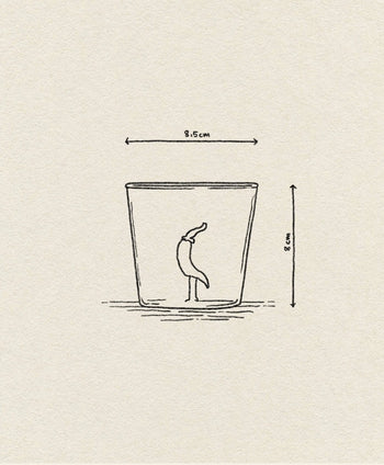 A simple line drawing of the Ichendorf Milano Vegetables Tumbler—a hand-blown glass by Ichendorf Milano featuring a small chili pepper inside, measuring 8.5 cm wide and 8 cm tall with labeled measurement arrows—perfect for your vegetables collection.