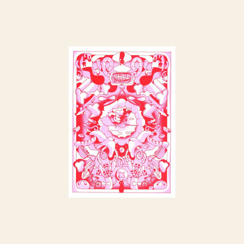 KIBLIND Ateliers Kiki La Petite Sorciere by Agathe Bruguiere is a striking abstract print in pinks and reds, showcasing mirrored patterns with heart, hand, lip, and eye motifs on a light background—perfect for graphic design inspiration.