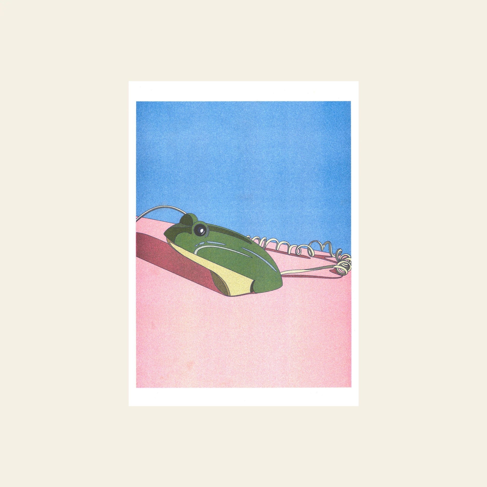 The KIBLIND Atelier Ana Popescu - Crusader Frog mouse by KIBLIND Atelier features a green, corded design on a pink surface with a blue backdrop, presented in minimalist, retro-inspired artwork.