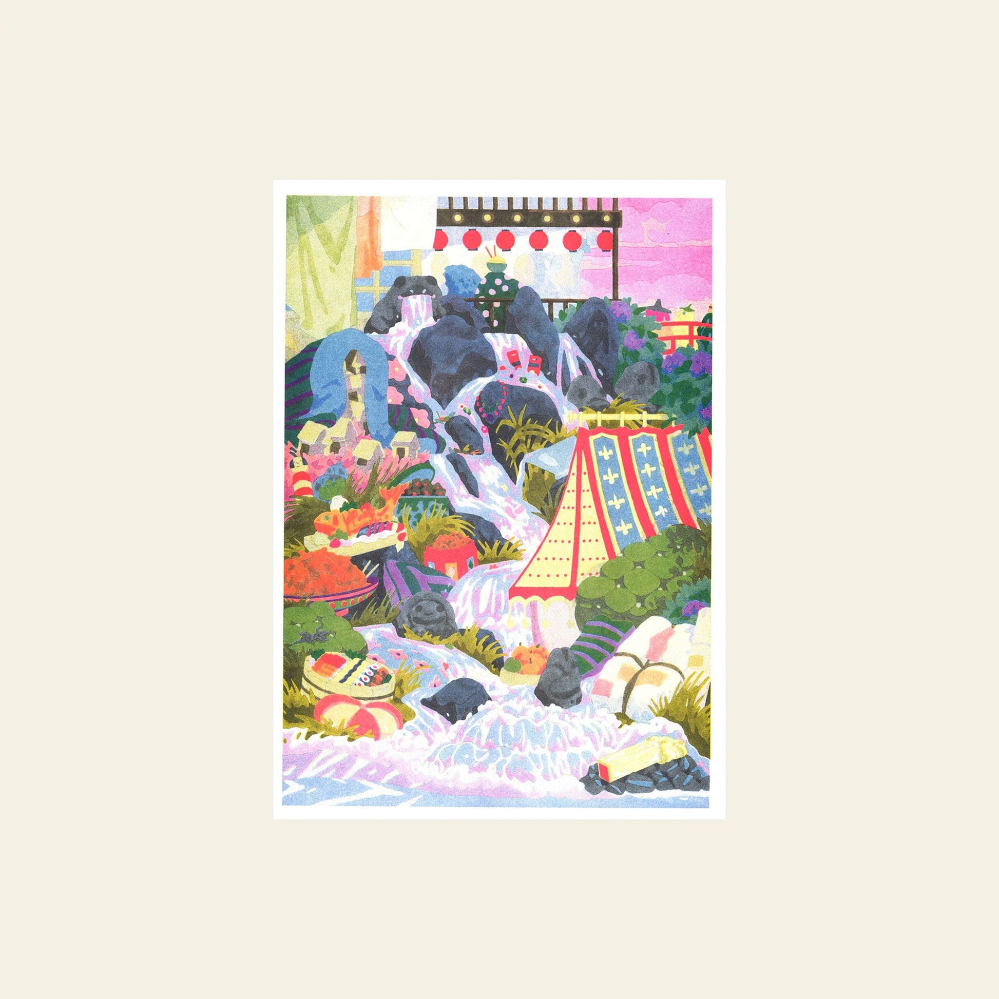 Limited edition KIBLIND Atelier Camille Gobourg - Spirited Away artwork: a vibrant Japanese festival scene with flowing water, lanterns, and lush greenery in dreamy pastel hues, inspired by Miyazaki and the magic of Spirited Away.