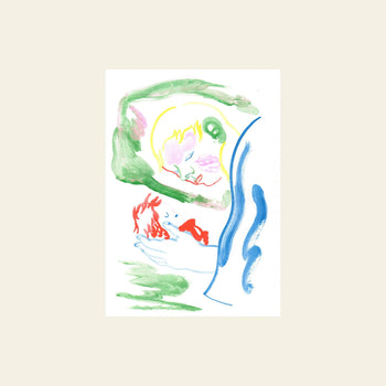 The KIBLIND Atelier Gaelle Loth - Ponyo on the Cliff poster by KIBLIND Atelier features a minimal watercolor scene with a blonde figure holding a red-haired baby, set amid soft green and blue brushstrokes on white.