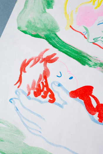 KIBLIND Atelier Gaelle Loth - Ponyo on the Cliff by KIBLIND Atelier is a limited edition risoprint featuring a hand holding a small red figure with blue facial features, set against a white background with green and yellow accents.