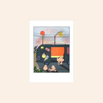 A whimsical risograph-style illustration from KIBLIND Atelier Hel Covell - Ice Creams shows three cartoon figures by a decorated ice cream truck at sunset, evoking the playful art featured in KIBLIND Atelier’s releases.