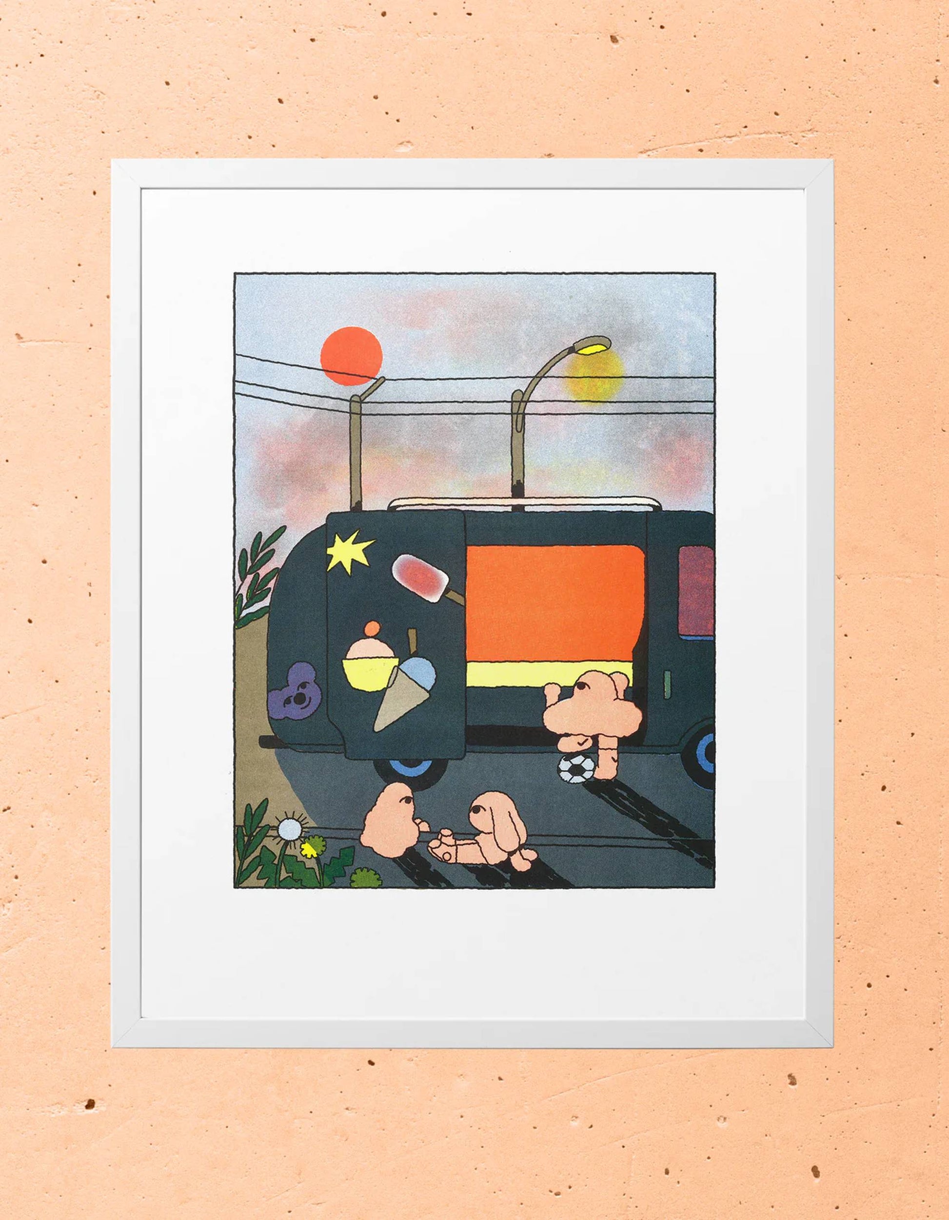 KIBLIND Ateliers Hel Covell - Ice Creams features a whimsical illustration of cartoon figures by an ice cream truck at sunset, with streetlights and a glowing sky, all framed in white against a peach background.