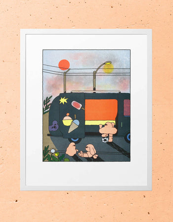 KIBLIND Ateliers Hel Covell - Ice Creams features a whimsical illustration of cartoon figures by an ice cream truck at sunset, with streetlights and a glowing sky, all framed in white against a peach background.