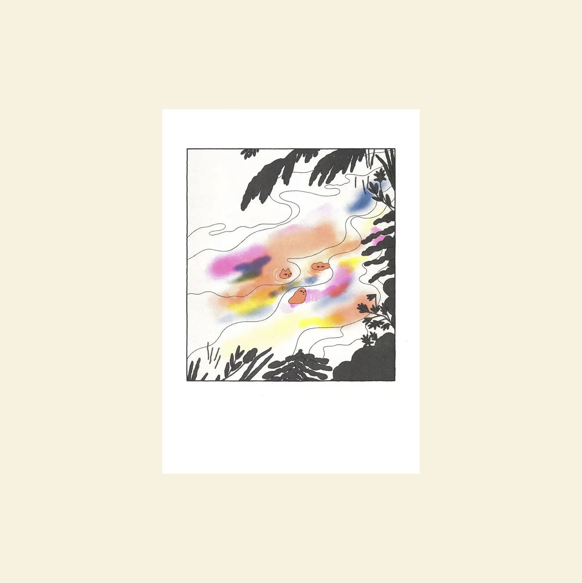 Dreamy illustration featuring black plant silhouettes around a vibrant center of flowing lines and watercolor washes in pink, orange, and yellow—evoking the nature-inspired style of KIBLIND Atelier Hel Covell - Wild Swim.