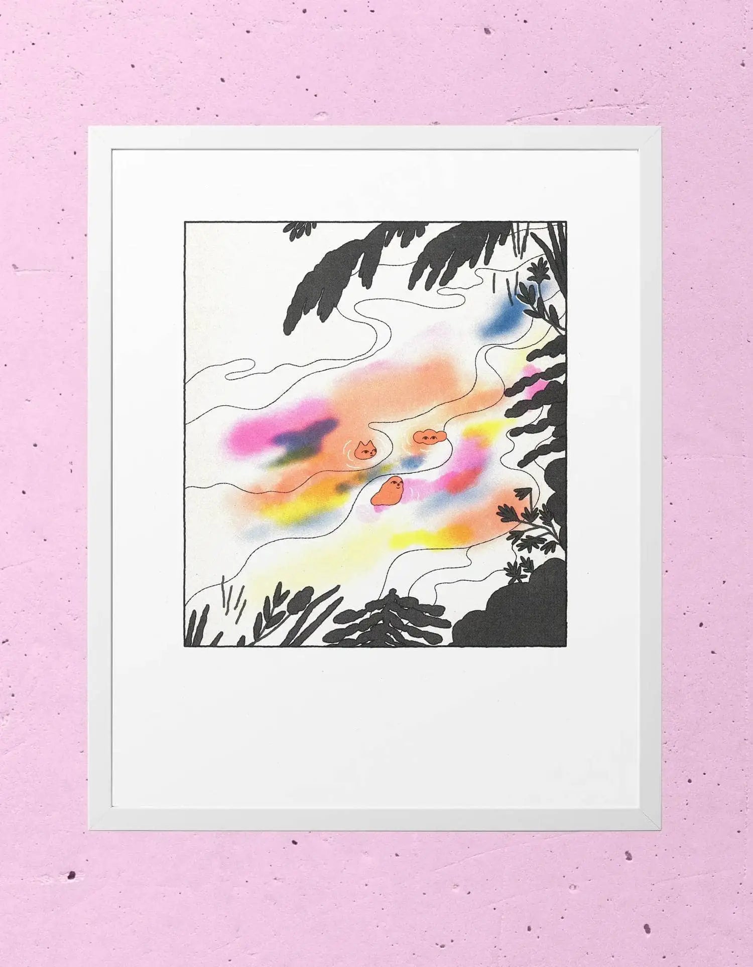 KIBLIND Atelier Hel Covell - Wild Swim by KIBLIND Atelier is a framed abstract artwork with pink, orange, and yellow hues plus black botanical silhouettes on a white background, displayed on a textured pink wall.