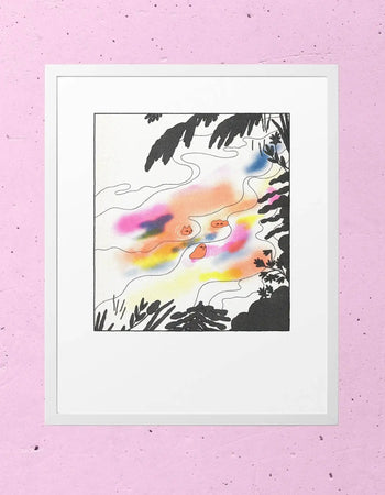 KIBLIND Atelier Hel Covell - Wild Swim by KIBLIND Atelier is a framed abstract artwork with pink, orange, and yellow hues plus black botanical silhouettes on a white background, displayed on a textured pink wall.