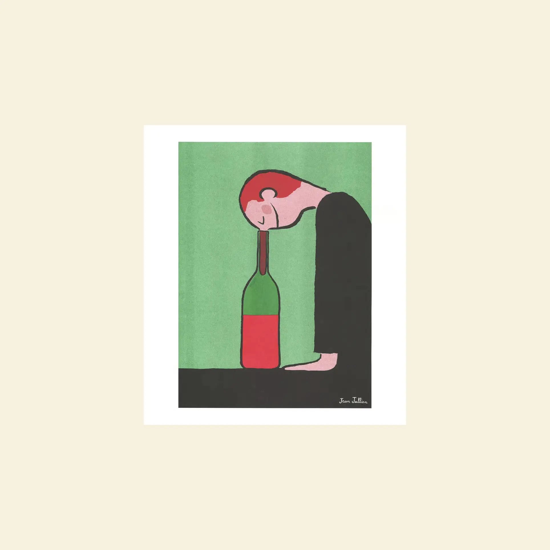 Minimalist poster by KIBLIND Atelier, “Jean Jullien - Bouteille,” features a figure resting their head on an upright wine bottle. The green background and beige border evoke risography style. Brand: KIBLIND Atelier.