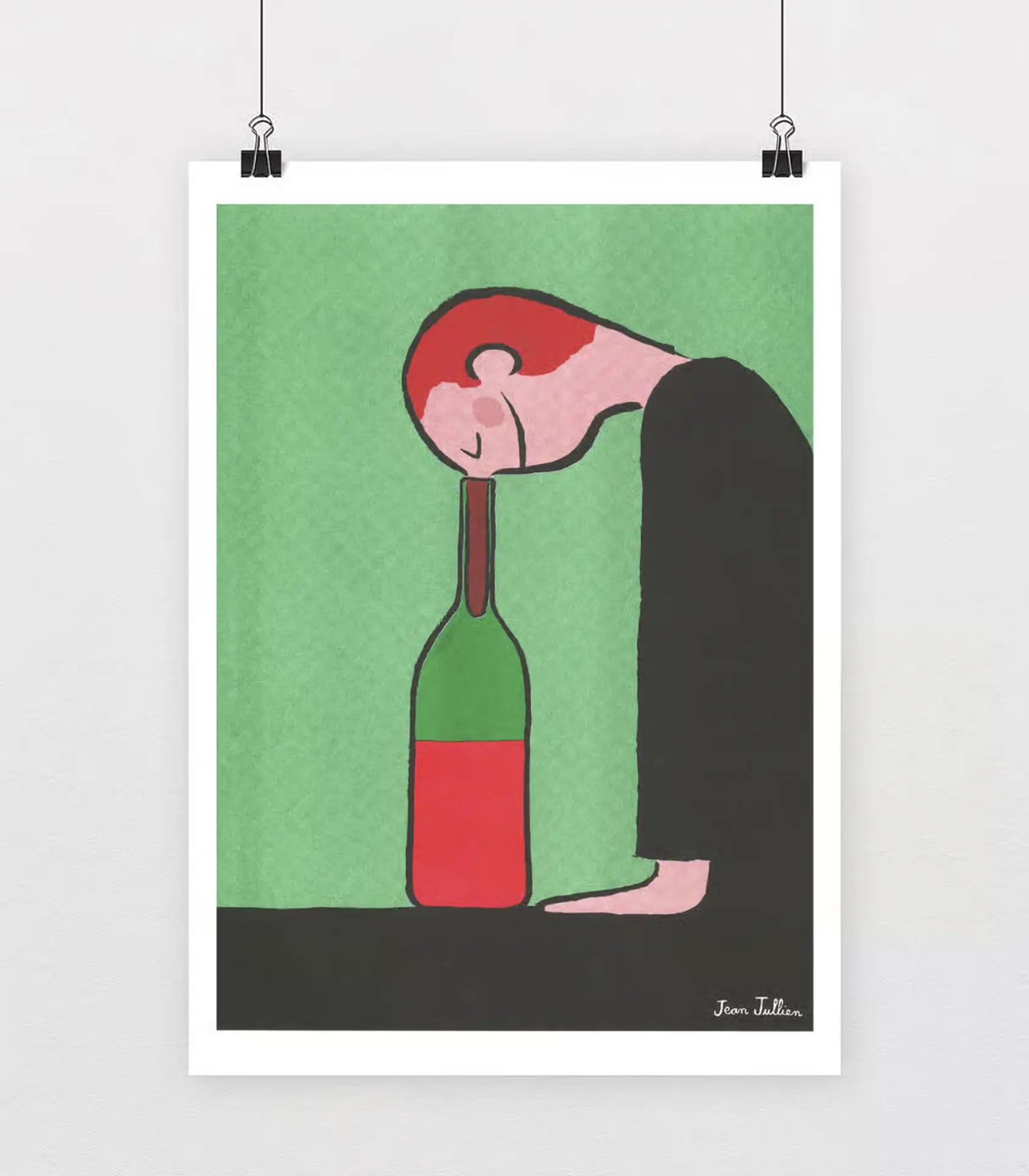 KIBLIND Atelier Jean Jullien - Bouteille: A minimalist poster by KIBLIND Atelier inspired by Jean Jullien, featuring a red-haired figure in black leaning on a wine bottle, set on a green background with risograph-print style.