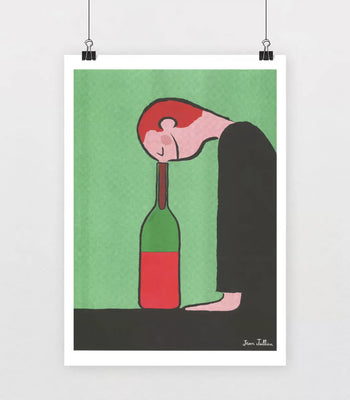 KIBLIND Atelier Jean Jullien - Bouteille: A minimalist poster by KIBLIND Atelier inspired by Jean Jullien, featuring a red-haired figure in black leaning on a wine bottle, set on a green background with risograph-print style.