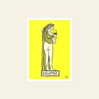 KIBLIND Atelier Jean Jullien - Callipyge: A classical female figure on a pedestal labeled CALLIPYGE, holding a mirror, glancing back at her bare buttocks. Inspired by risography, in bright yellow—perfect for KIBLIND Atelier artwork.