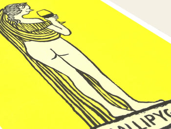 Illustration in Jean Julliens style: a nude woman with long hair and a wine glass atop a pedestal on bright yellow—perfect for highlighting KIBLIND Atelier’s Callipyge and risography artistry.