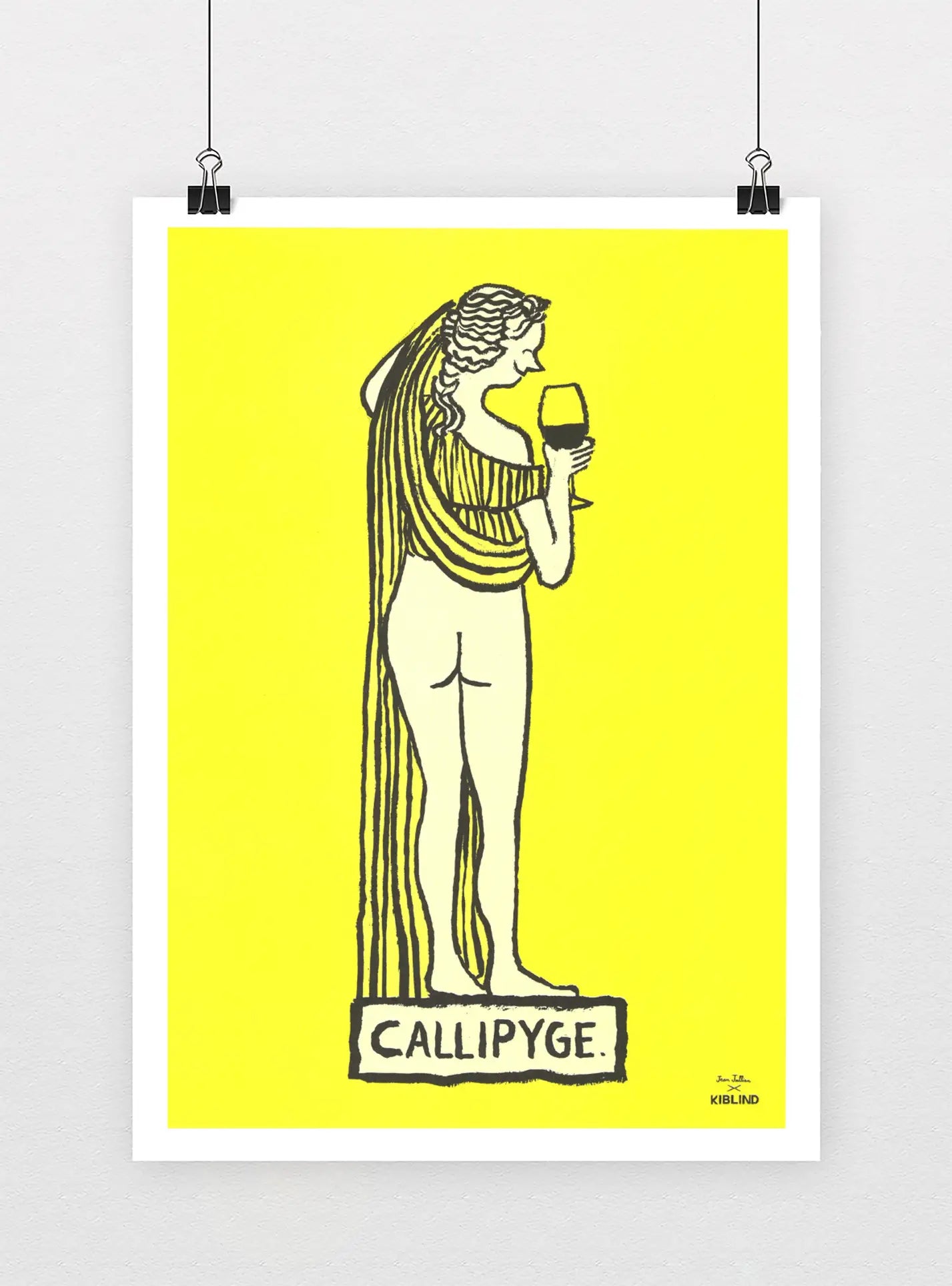 A black and white illustration of the classical statue Callipyge with long hair, draped cloth, and a wine glass stands on a pedestal, set against a vibrant yellow background in KIBLIND Atelier’s Jean Jullien - Callipyge print.