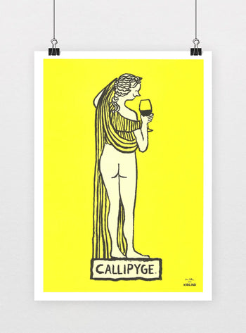 A black and white illustration of the classical statue Callipyge with long hair, draped cloth, and a wine glass stands on a pedestal, set against a vibrant yellow background in KIBLIND Atelier’s Jean Jullien - Callipyge print.