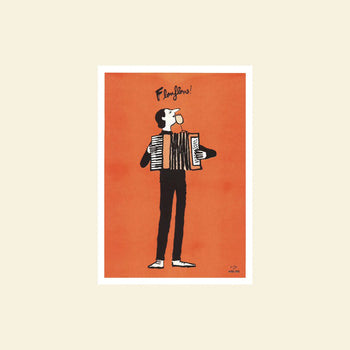Illustration of a person playing accordion and blowing bubble gum on an orange background with “Flonflons!” above—inspired by Jean Jullien and the playful spirit of KIBLIND Atelier’s Flonflons.