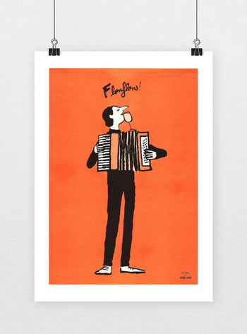 An illustration inspired by Jean Jullien for KIBLIND Atelier, titled Flonflons, shows a person playing an accordion and chewing bubble gum under Flowflow! on a vibrant orange background.