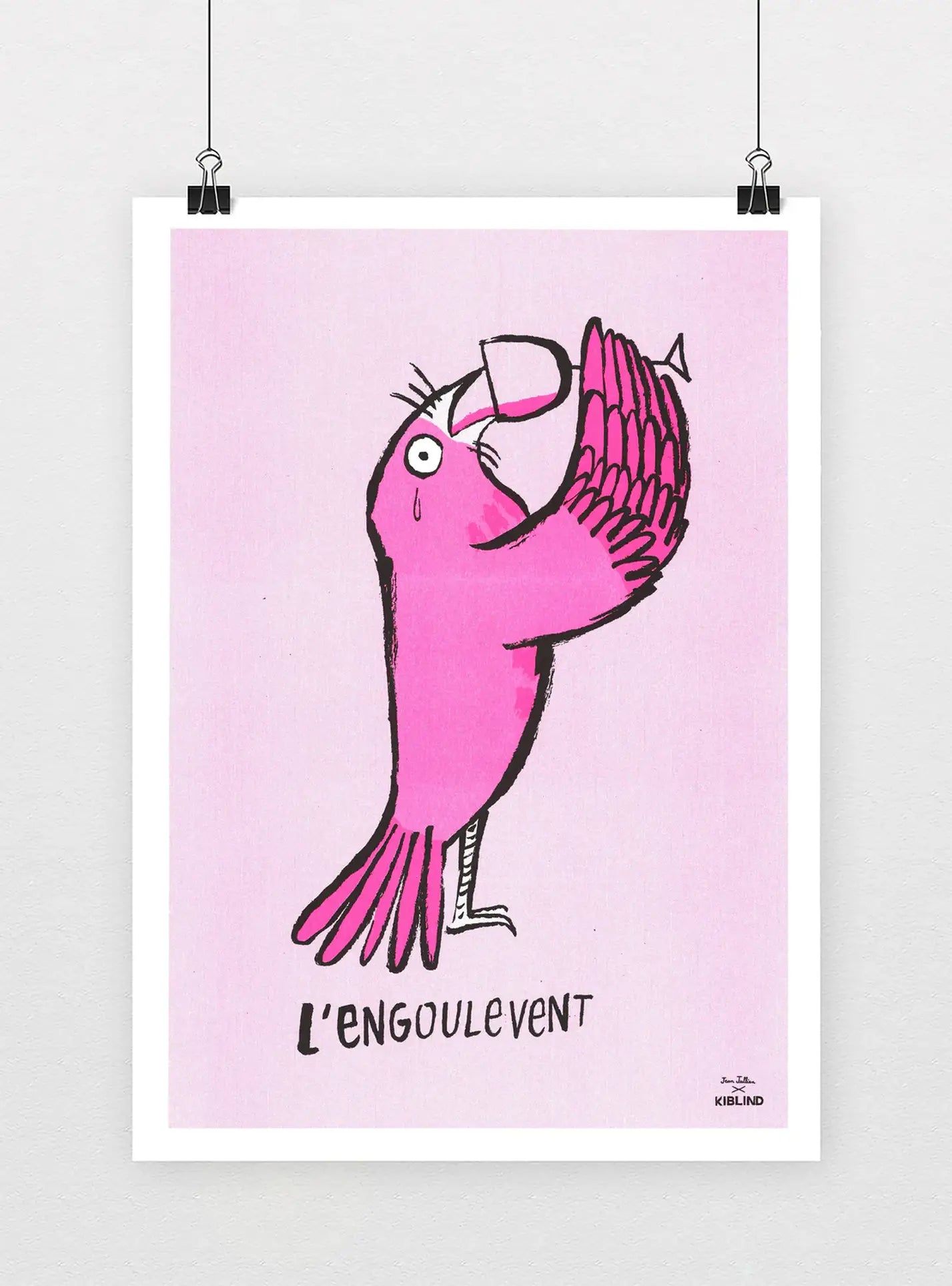 KIBLIND Atelier Jean Jullien - LEngoulevent features a pink bird on one leg sipping wine, with LENGOULEVENT in French below. Printed in vibrant Risography by KIBLIND Atelier on a light pink background.