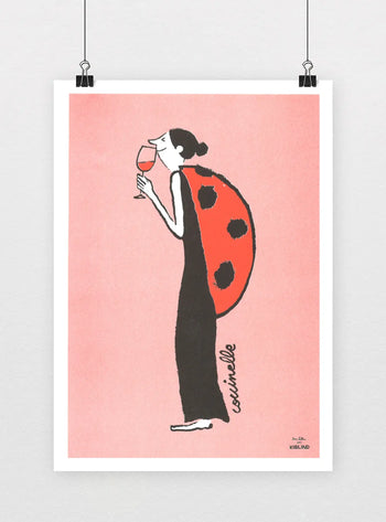 An illustration for KIBLIND Atelier Jean Jullien - Ladybug shows a barefoot woman in a black dress with a ladybug shell, sipping wine against a pink background. Coccinelle appears near her feet, evoking KIBLIND Atelier wines.