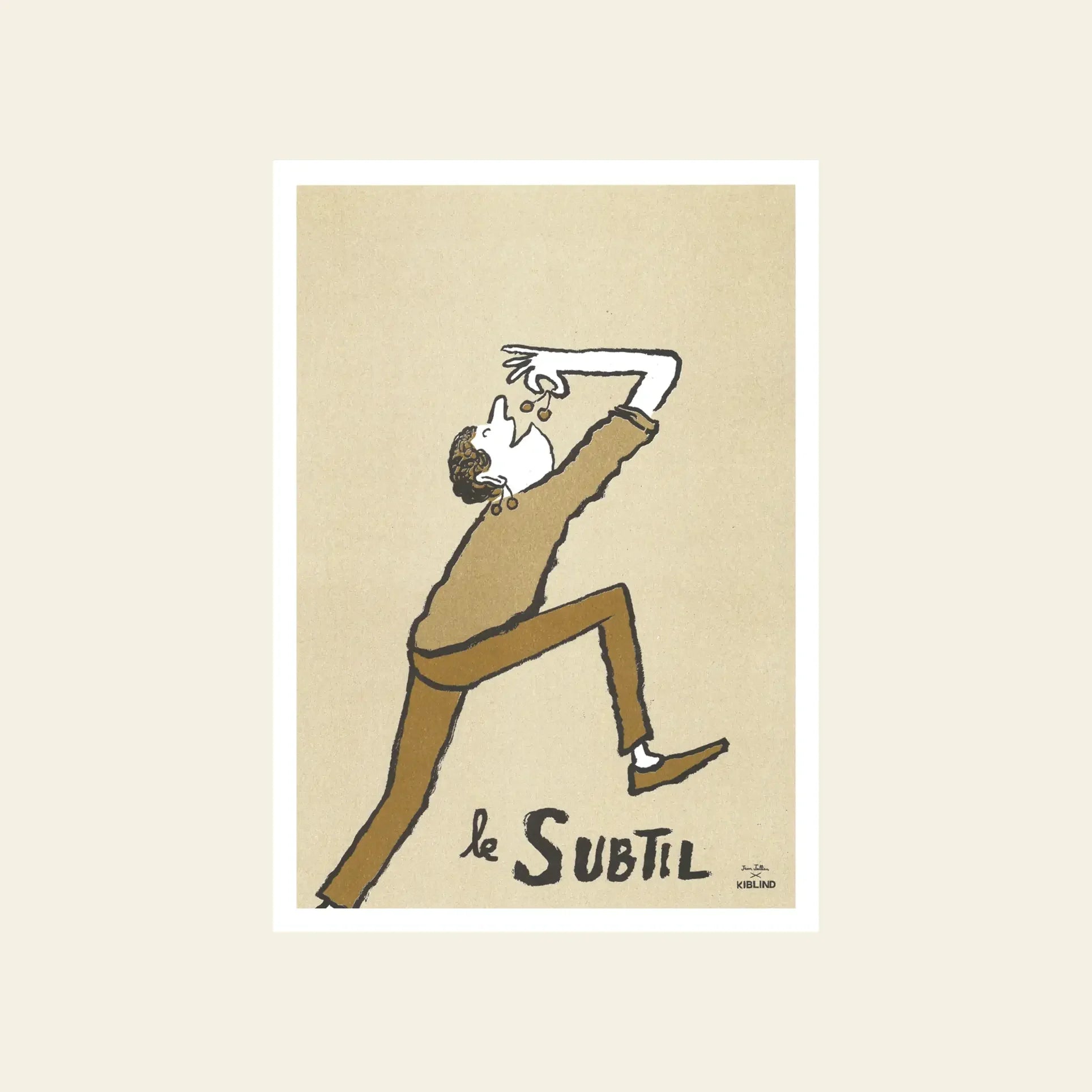 A stylized KIBLIND Atelier Jean Jullien - Subtil illustration shows a person in brown striking a dramatic pose, one arm above their face and one leg raised. “le SUBTIL” is boldly written below for Issue 62.