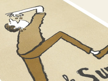 Playful illustration inspired by Jean Jullien for KIBLIND Atelier Jean Jullien - Subtil: a curly-haired person in brown pants and a white shirt stands on one leg, tossing food into their mouth against a beige background. Brand: KIBLIND Atelier.