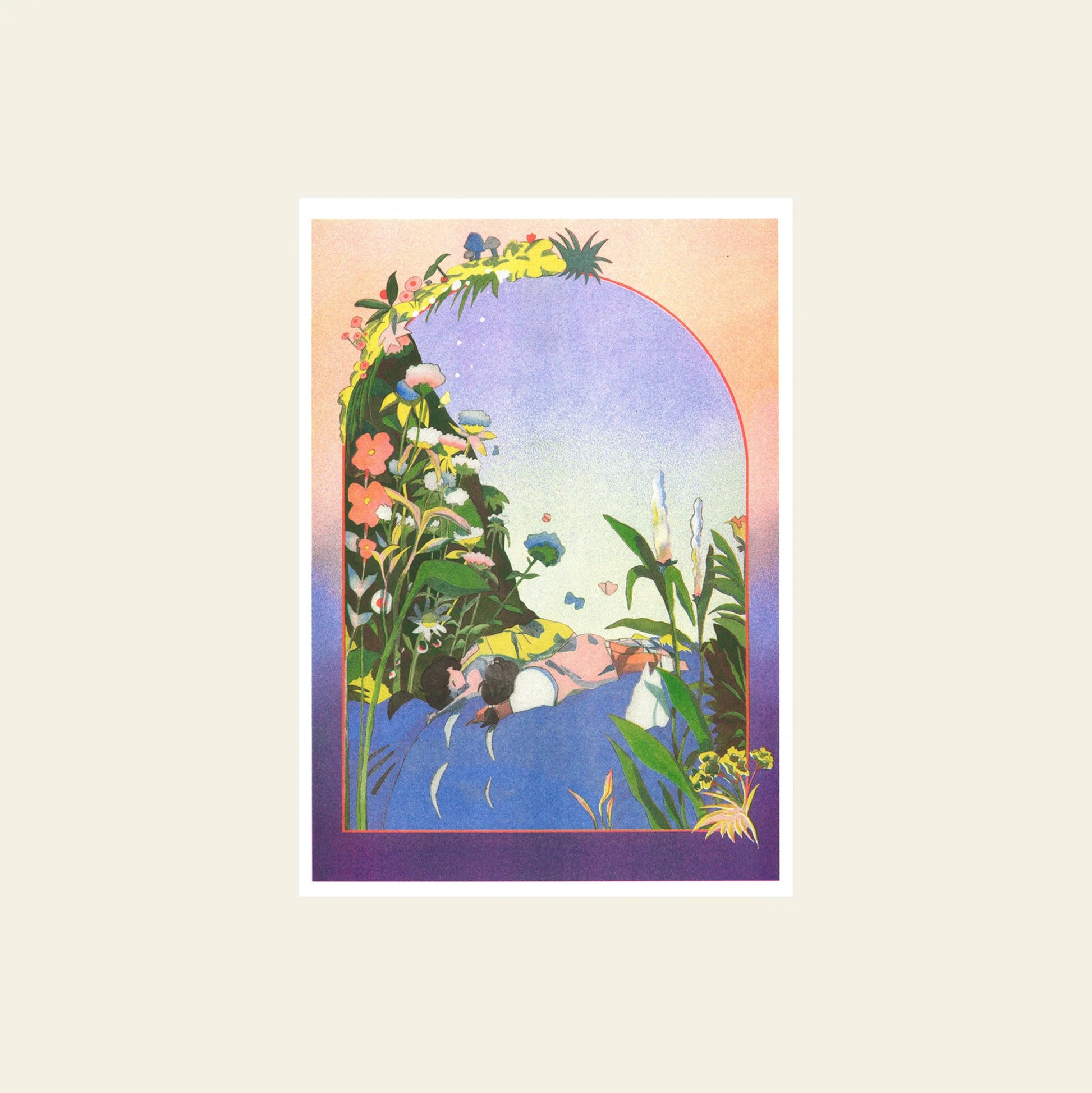 KIBLIND Atelier Jeanne Saboureault - My Neighbor Totoro by KIBLIND Atelier features a Miyazaki-inspired scene of a person in tall grass with vibrant flowers, framed by an arched window and soft pastel gradients—ideal for risoprinted posters.